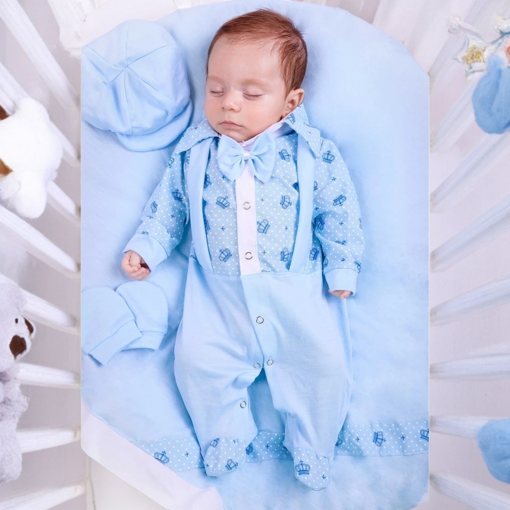 Saída Maternidade Menino Azul Bebê 04 peças Miguel Suspensorio Roupas de Bebê