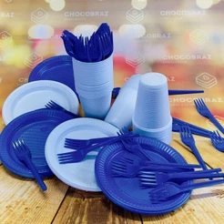 Kit Festa 50 PESSOAS DESCARTAVEIS GARFO + PRATO + COPO AZUL E BRANCO (CHOCO)