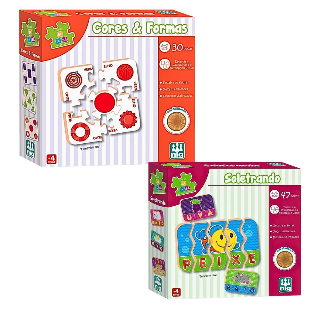 Kit 2 Jogo Educativo Soletrando Peças De Encaixar Quebra Cabeça Madeira Infantil Cores E Formas Didatico Nig Brinquedos