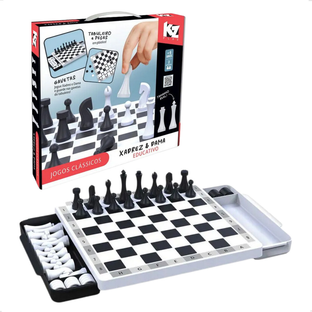 Jogo Tabuleiro 2 em 1 Xadrez Dama Educativo Maleta Gaveta Peças em Plástico Kz Play Elka — R$ 89,99 em Shopee, 31% OFF