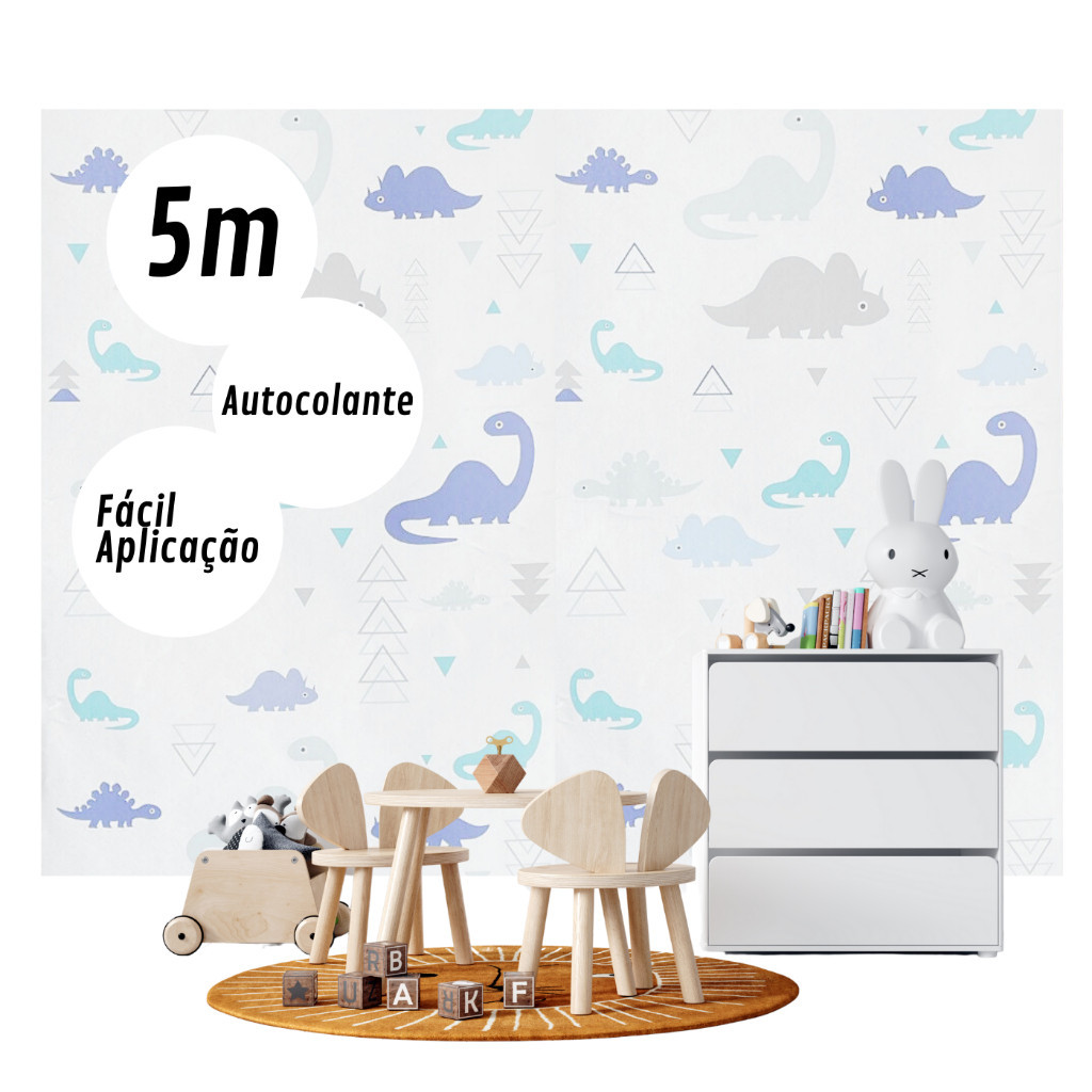 Papel de Parede Adesivo Infantil Dinossauros Rolo 5Mx45CM Autocolante para Sala, Quarto de Menino