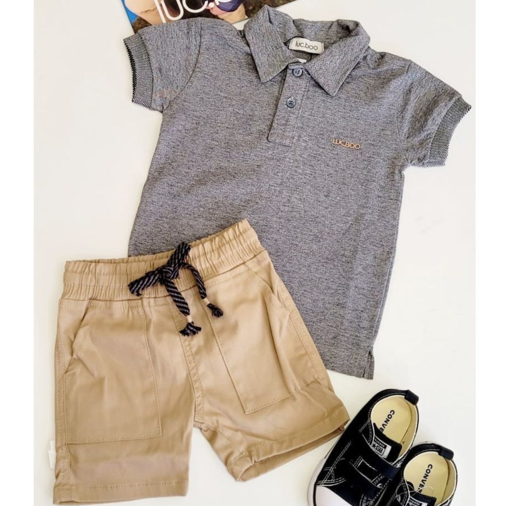 Conjunto Infantil de Polo em Piquet Camisa Cinza e Bermuda Caqui com Bolsos em Sarja Stretch com Elastano Menino 8 ao 14- LucBo