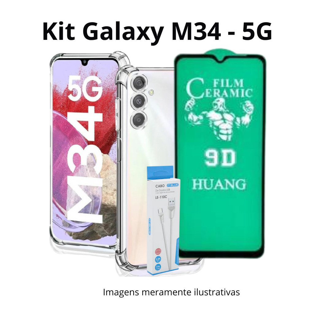 Kit Capa + Película 9D de Cerâmica +  Cabo Carregador Turbo Tipo C para Samsung Galaxy M34 5G