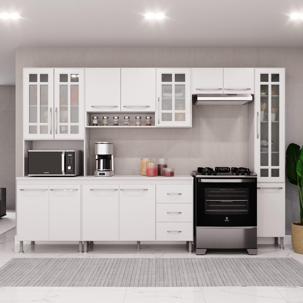 Cozinha Modulada Completa Fidelitá Viena 5 Peças 295cm 12 Portas 3 Gavetas Com Tampo Branco - Home & Living