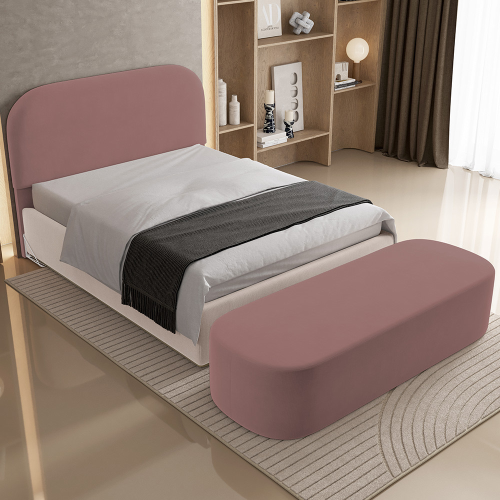 Cabeceira Cama Box Casal 140cm Lanna com Puff Recamier Doha W01 Suede Rosê - Lyam Decor