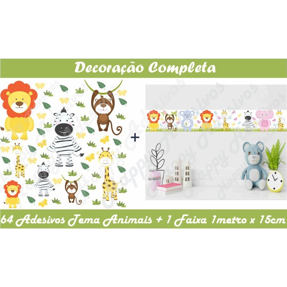 Kit de 64 Adesivos Animais Safari Faixa Adesiva Borboleta Zoo Bichinhos Selva Menina Menino Baby DCM