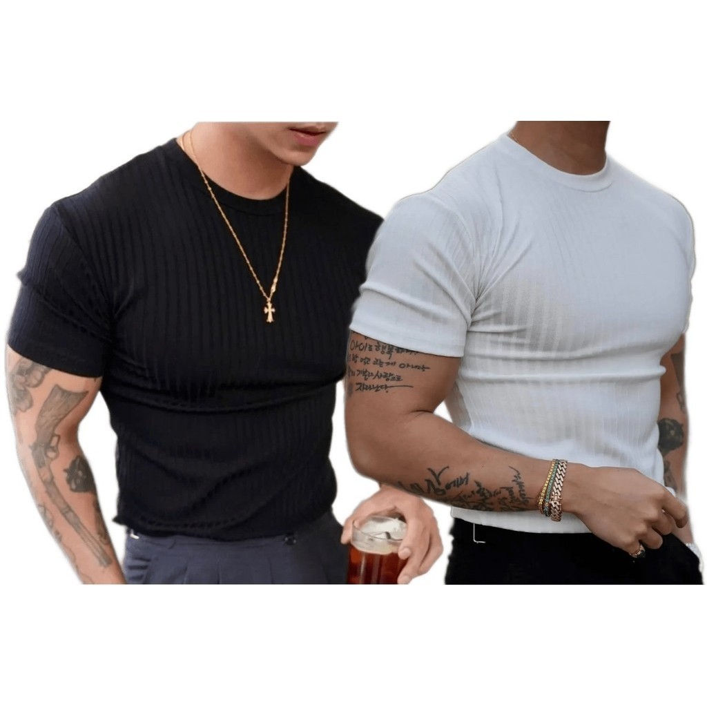 Kit 2 Camisetas Masculina Slim Canelada Gola Alta Manga Curta