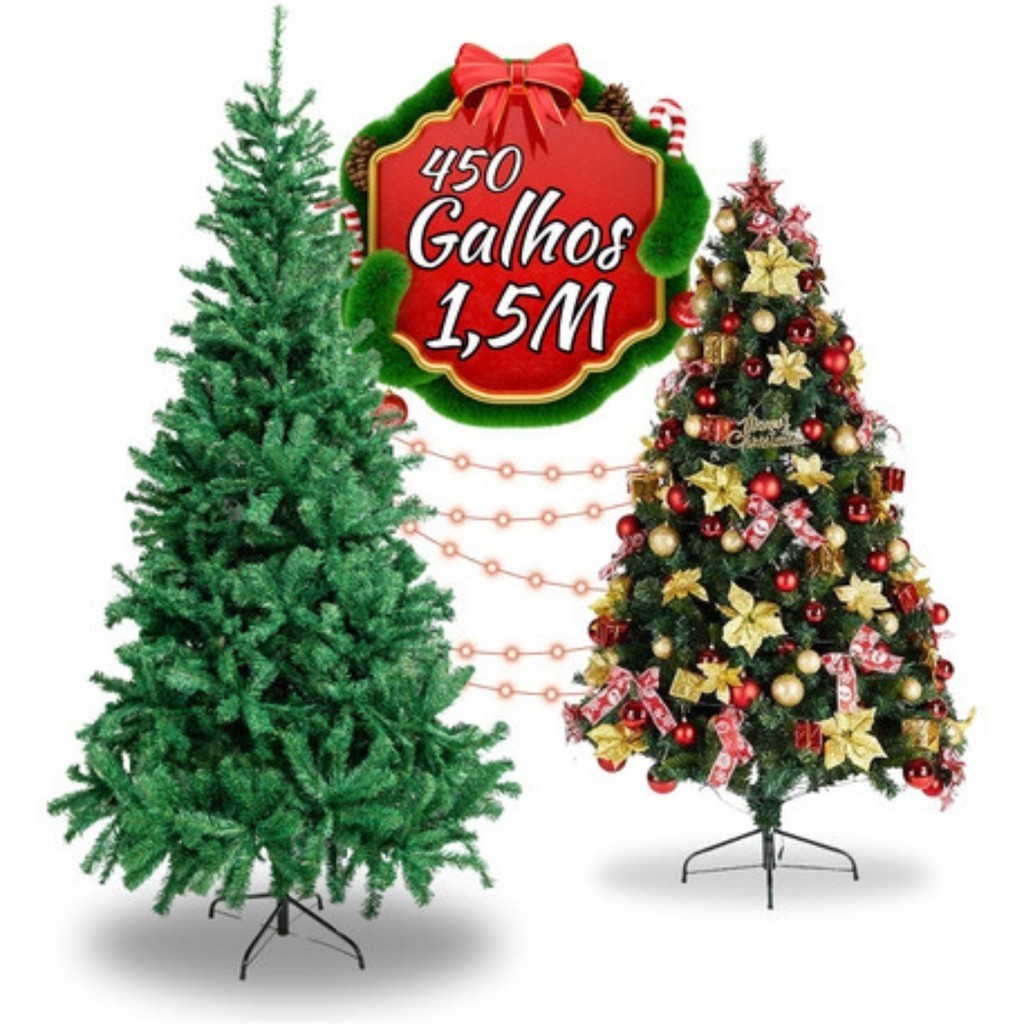 Árvore De Natal Pinheiro Grande Luxo Cheia Premium 1.50m 450 Galhos Verde Tradicional