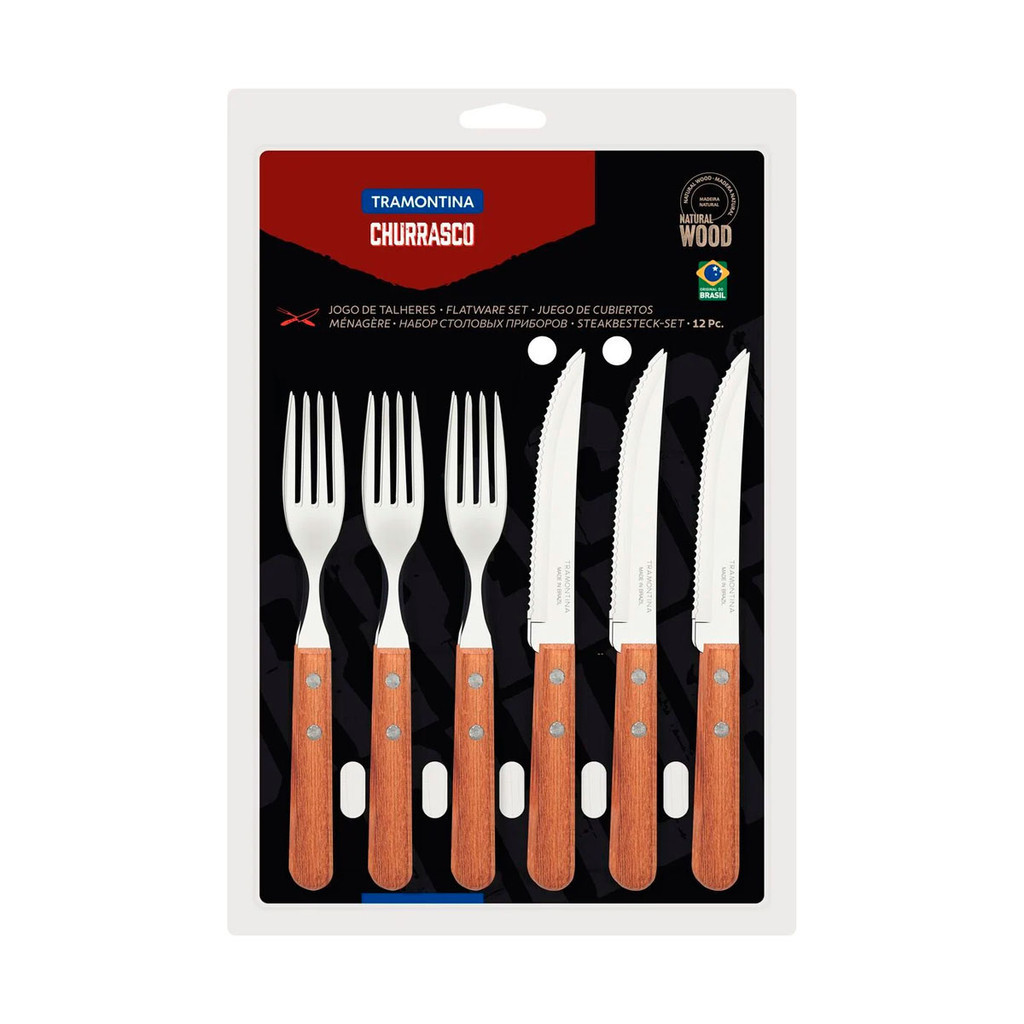 Jogo Talheres Tramontina Churrasco Com Lâminas Inox Cabos Madeira Natural 12 Peças