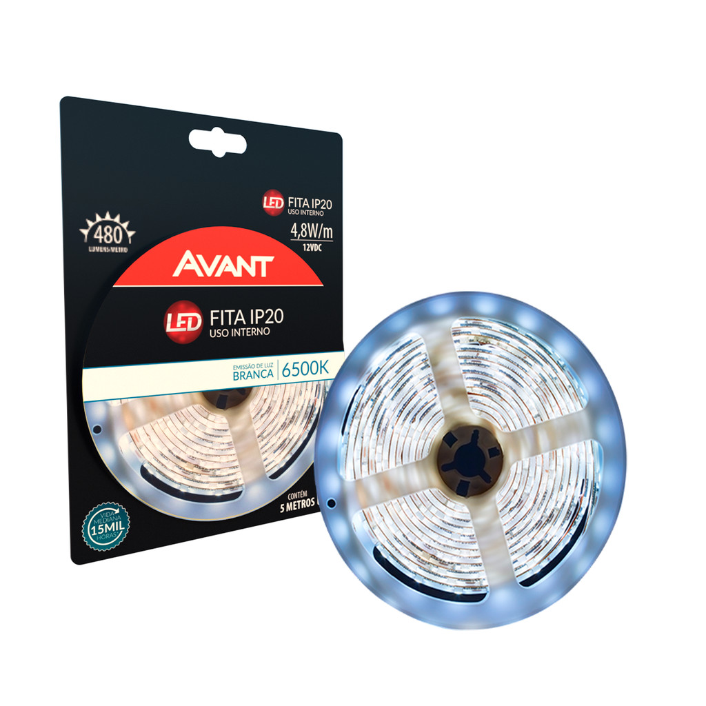 Fita Led Interna 4,8w 5m 6500K 12V + Transformador Avant em Oferta na Shopee
