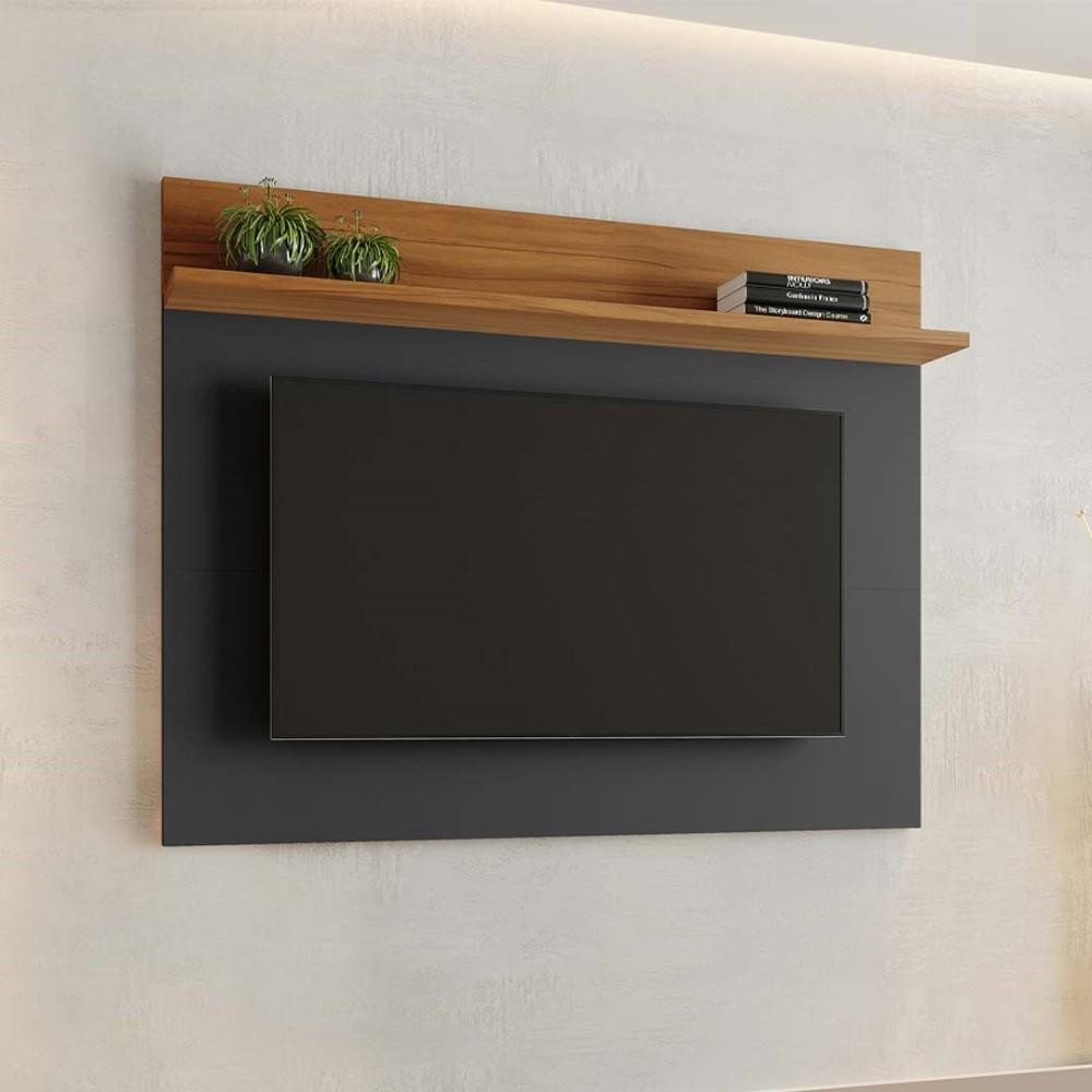 Painel Home Suspenso Para TV Até 50 Polegadas 1 Prateleira Sala de Estar Preto e Marrom Madeira - Home & Living