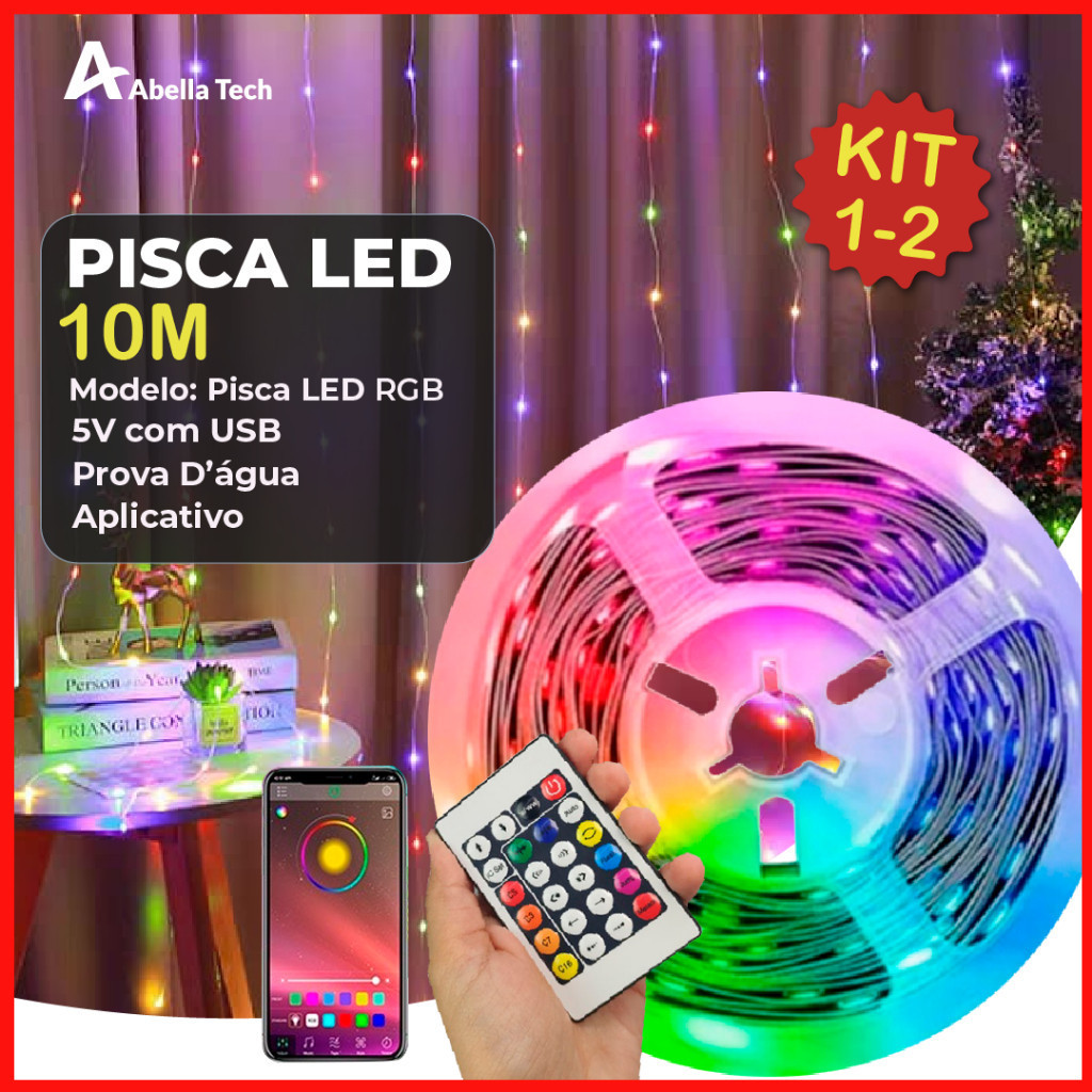 Pisca LED RGB 10M USB + CONTROLE | Controle por aplicativo | A prova d'água | Pisca-Pisca para Decoração de Natal | Ano Novo | Pisca-Pisca