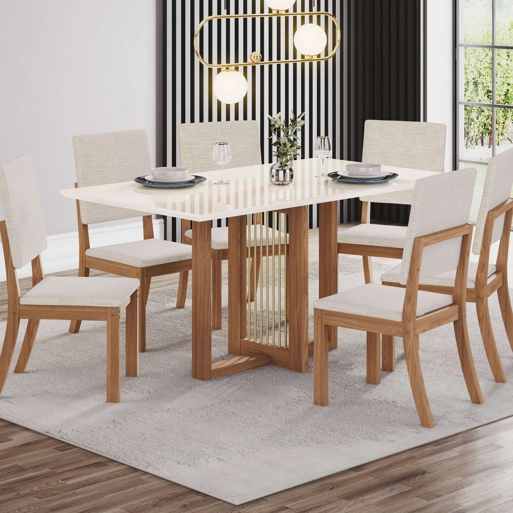Conjunto Sala Jantar Canto Reto com Vidro 6 Cadeira Kelly Espresso Móveis Nature/Off White - Home & Living