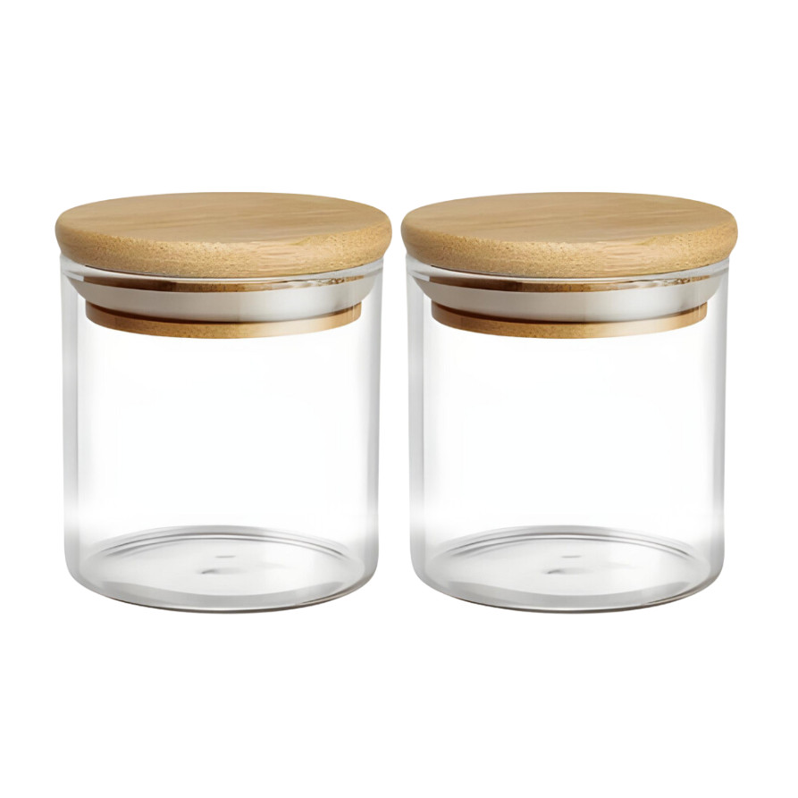 Kit De 2 Potes Hermético Mantimento De Vidro Com Tampa Bambu 200ml em Oferta na Shopee
