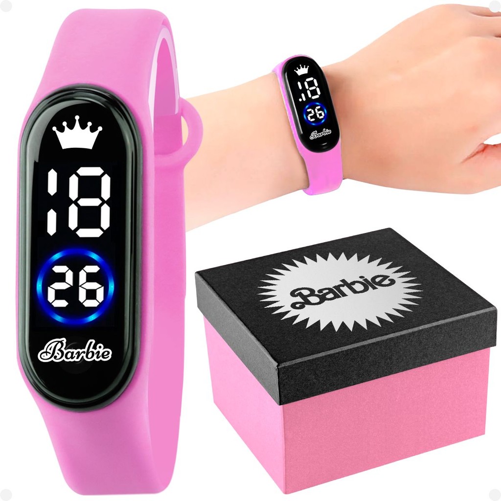 relogio infantil digital rosa prova dagua barbie + caixa silicone ajustavel menina prova dagua pink