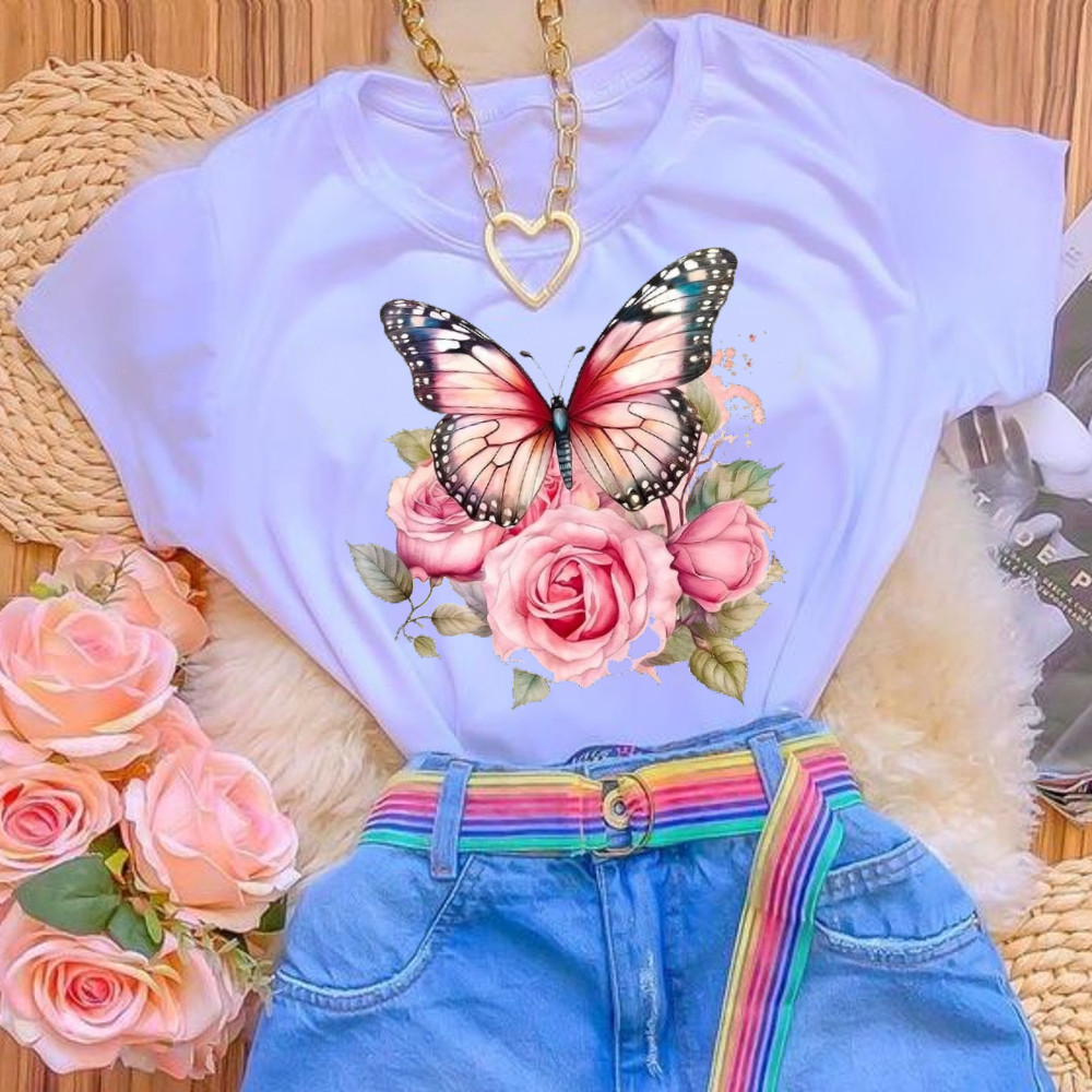 camiseta feminina basica manga curta moda estampa p ao gg em Oferta na Shopee