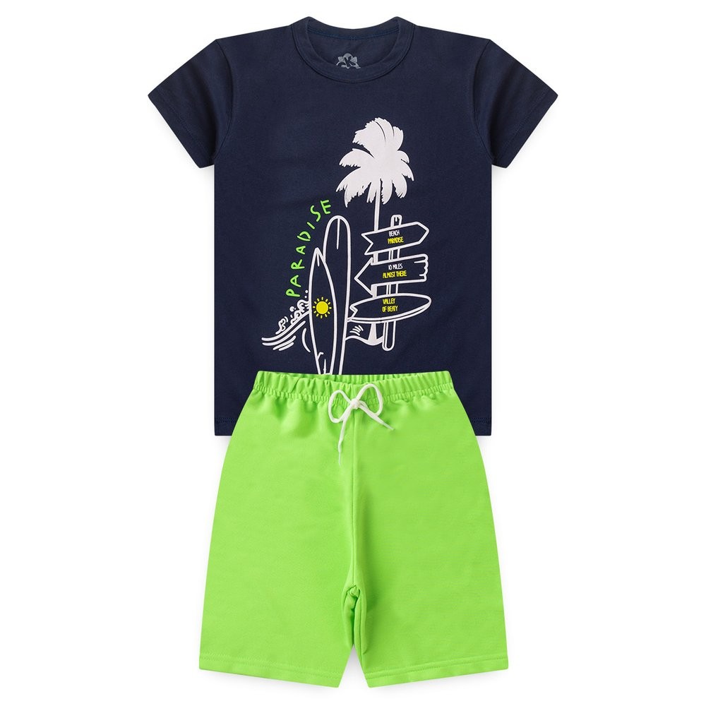 Conjunto Infantil Juvenil Verão Roupa Menino Camiseta Paradise Algodão Bermuda Moletinho Colorida - Conjunto Masculino