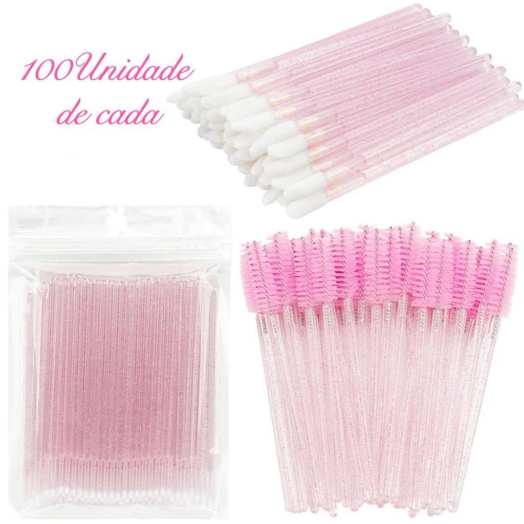 Kit - 100 Escovinhas + 100 Microbrush + 100 Aplicador de Batom Alongamento Cilios