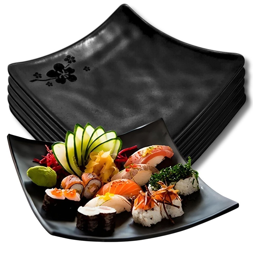 1 Prato Kanpai Premium Côncavo Quadrado Preto de Melamina 15cm Comida Japonesa - Bestfer