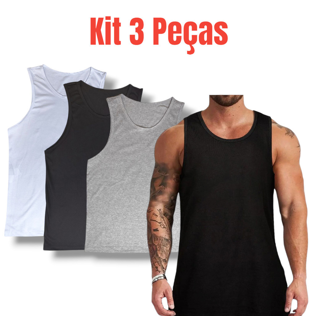 Kit 3 Regata Masculina Básica 100% algodão lisa premium