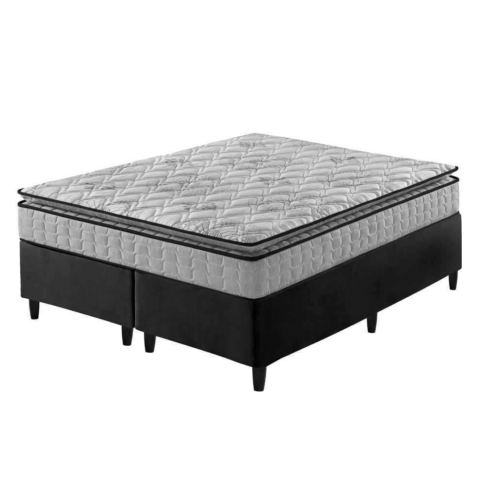 Cama Box Queen Preto + Colchão Ortopedico Espuma D33 Pillow Top Hanover One 158x198x59cm - Home & Living