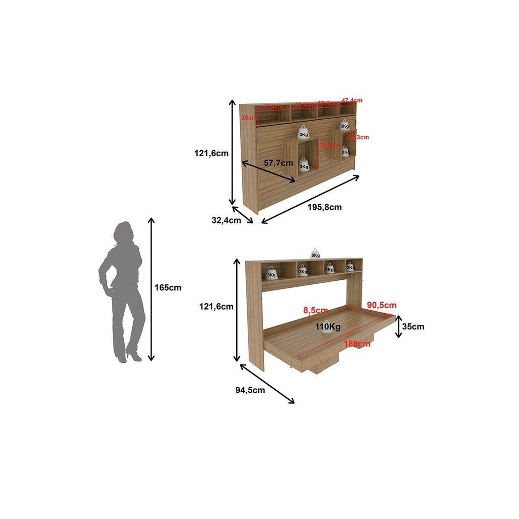 Detalhes do Cama Dobrável Multifuncional Articulada CM8020 Branco - Tecno Mobili