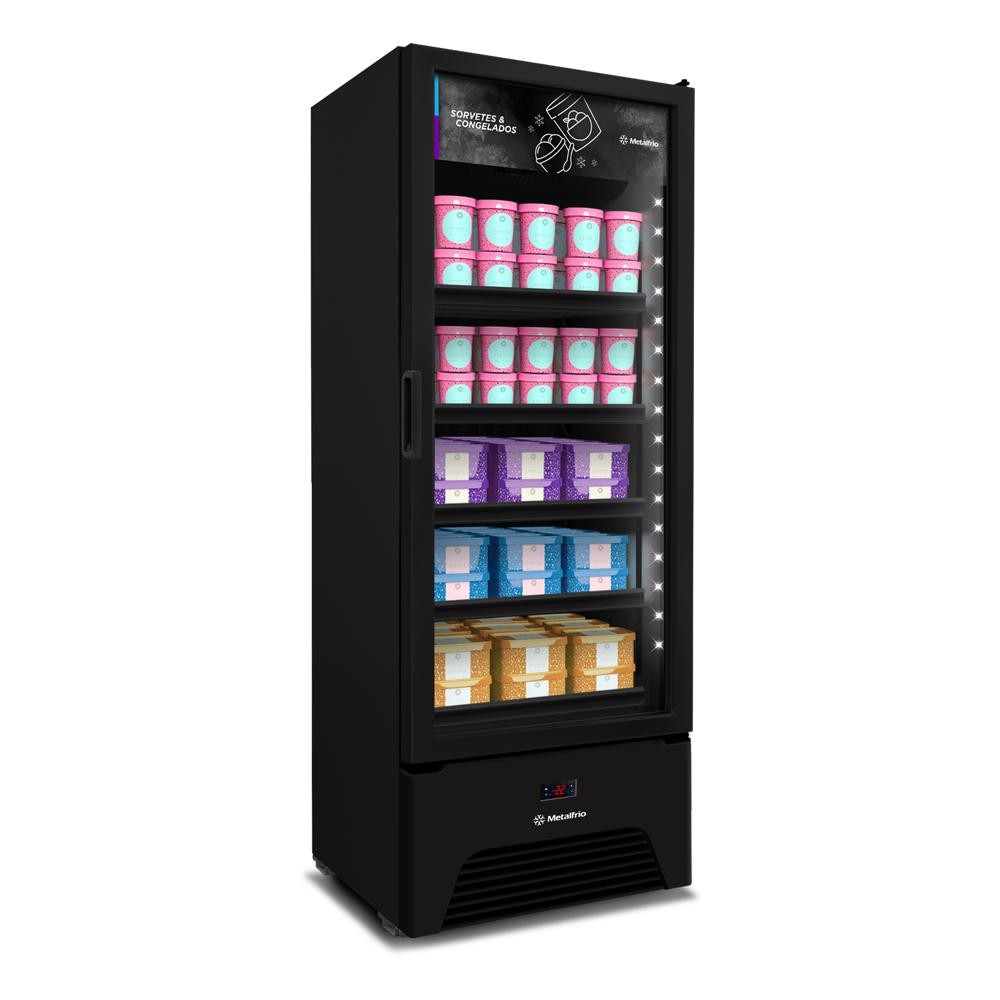 Freezer vertical Metalfrio all black com porta de vidro para sorvetes e congelados