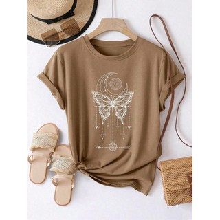 Camisa feminina de manga curta Camiseta lua e estampas de borboletas gola redonda 100% algodão