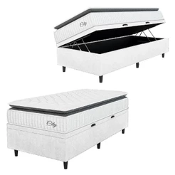 Cama Box Baú Colchão Solteiro Molas Ensacadas City Pillow Top 88x188x64cm Linho Branco / Preto Hellen Branco