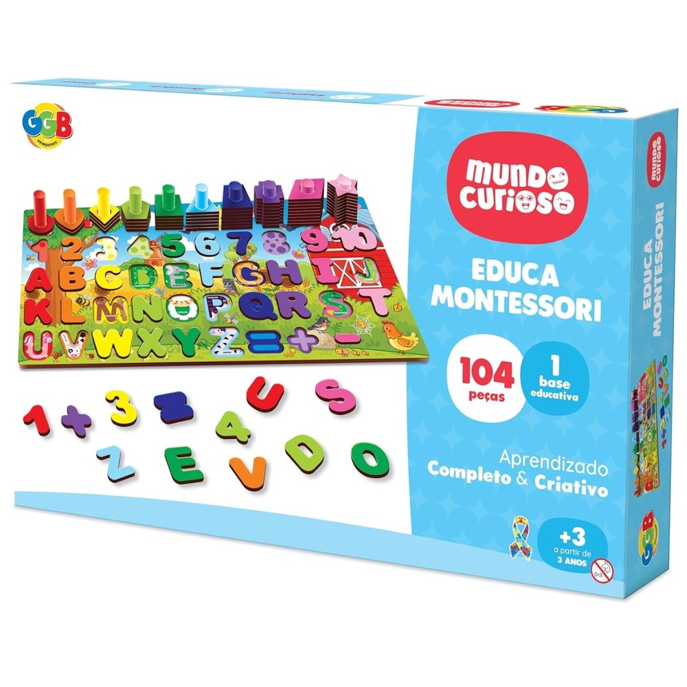 JOGO EDUCA MONTESSORI GGB BRINQUEDOS 104 PEÇAS LETRAS NÚMEROS FORMAS CORES ANIMAL EDUCATIVO ALFABETO em Oferta na Shopee