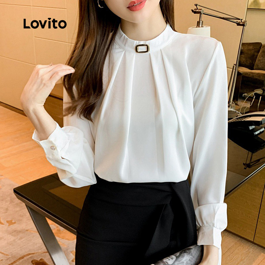 Lovito Blusa Elegante com Metal Pregueado Tacto Suave Branco Outono/inverno para Mulheres LNL105389 - Women Clothes