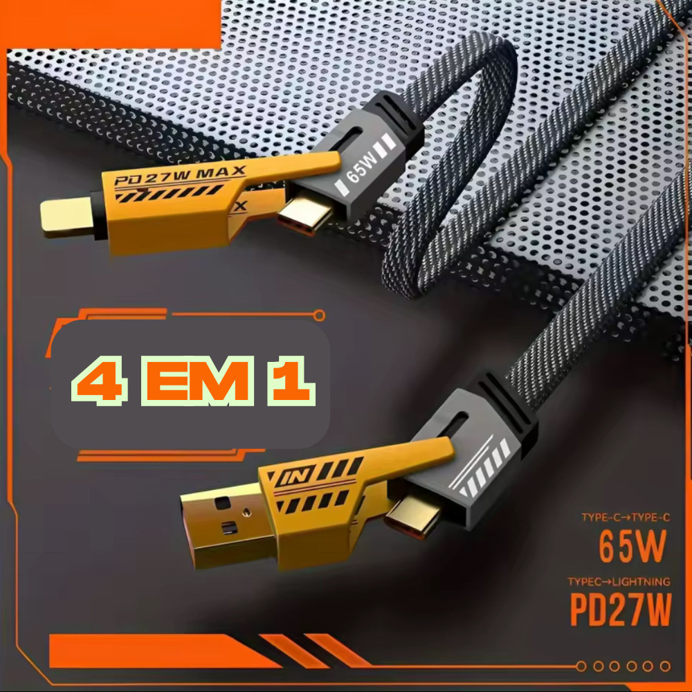 Cabo Turbo 4 em 1 Turbo 65W PD 27W Type-C P/ iPhone Xiaomi Android Samsung Metal Reforçado