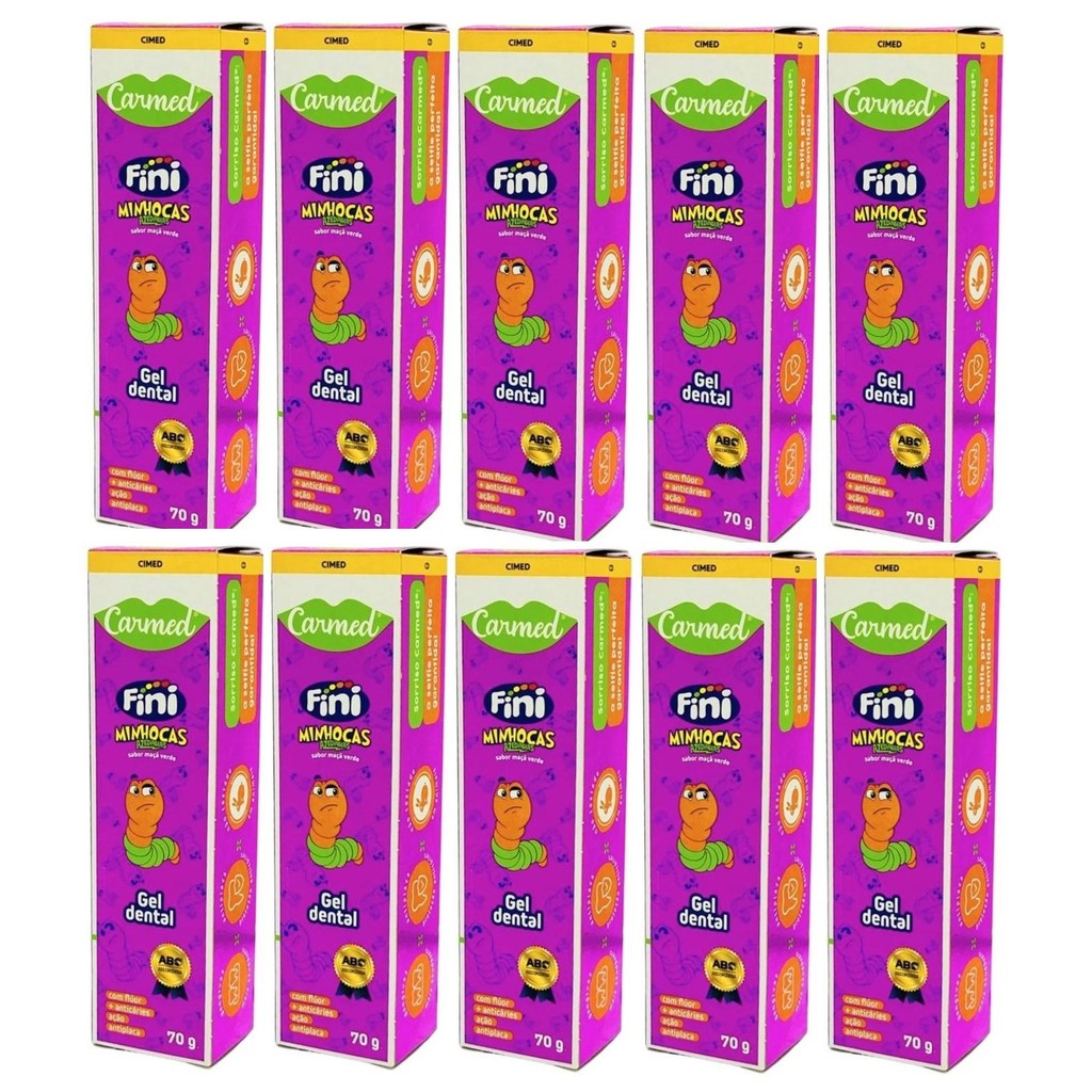 Kit Gel Dental Carmed Fini Minhocas Azedinhas Sabor Maçã Verde Com 10 Unidades De 70g Cada