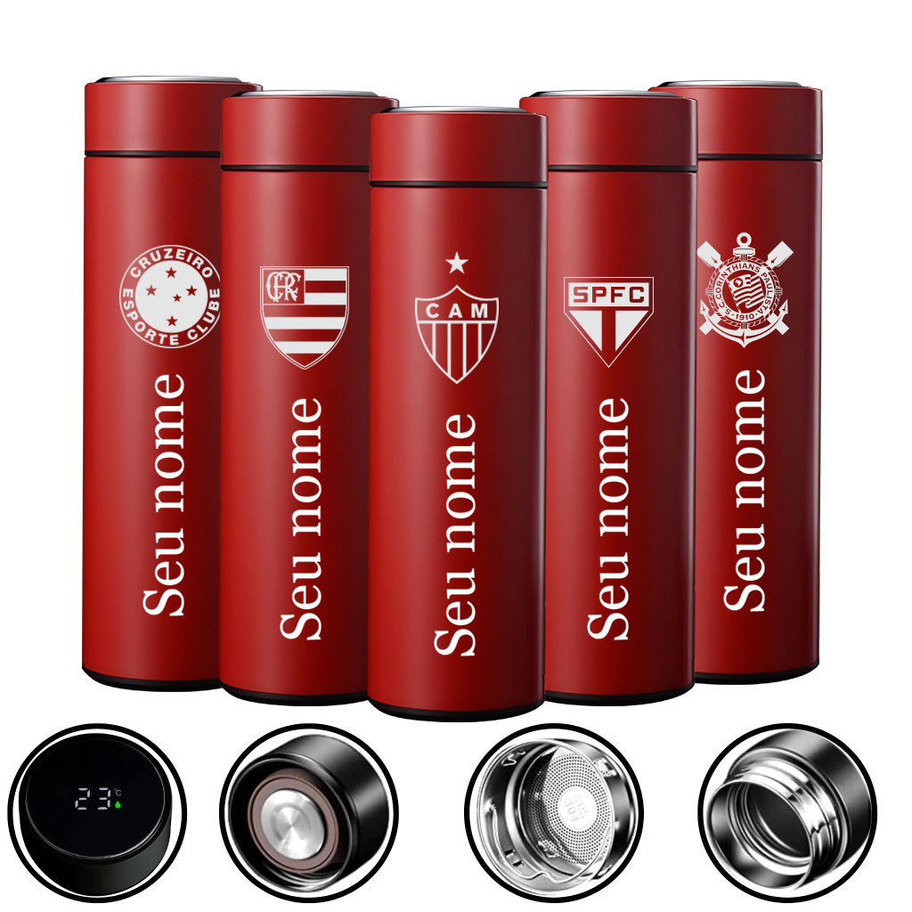 Garrafa Vermelho térmica a Digital Personalizada Todas as Time + Nome  + Nome 500 ML Inox