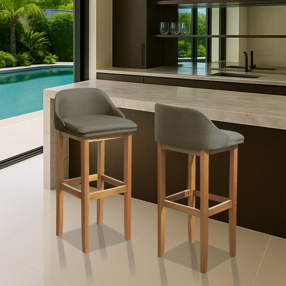 Kit 2 Banquetas Premium Alta Realeza - Base em Madeira Maciça - Estofado em Linho