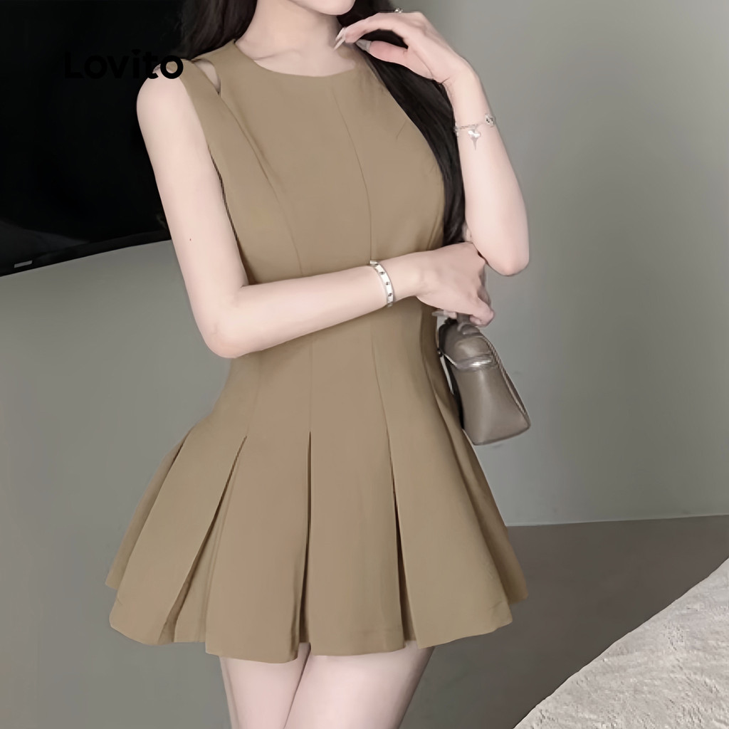 (Trendy) Lovito Vestido Casual liso plissado com recorte para mulheres L128ED427 - Women Clothes