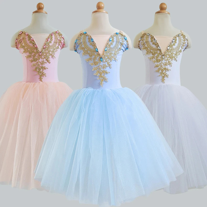 Meninas Ballet Tutu Vestido Ginástica Collant Branco Longo Vestidos De Balé Princesa Bailarina Dança Traje De Festa De A