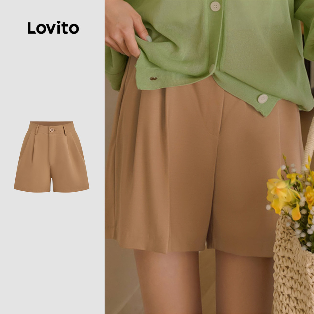 Lovito -  Shorts Casuais Pregueados  Shorts Caqui Frescos e Confortáveis para Primavera/verão para mulheres L139AD266 - Women Clothes