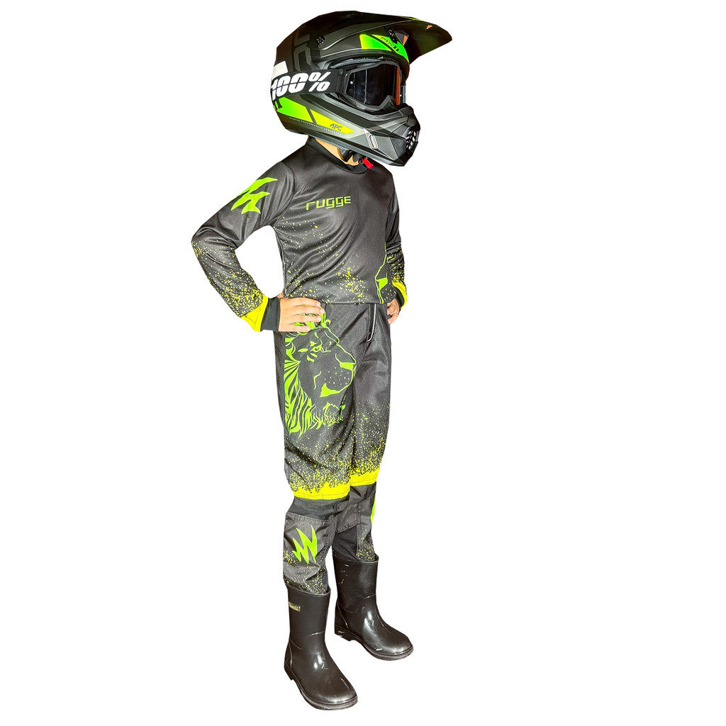 CONJUNTO ROUPA FARDA INFANTIL MOTOCROSS TRILHA OFF-ROAD PRETO VERDE AMARELO