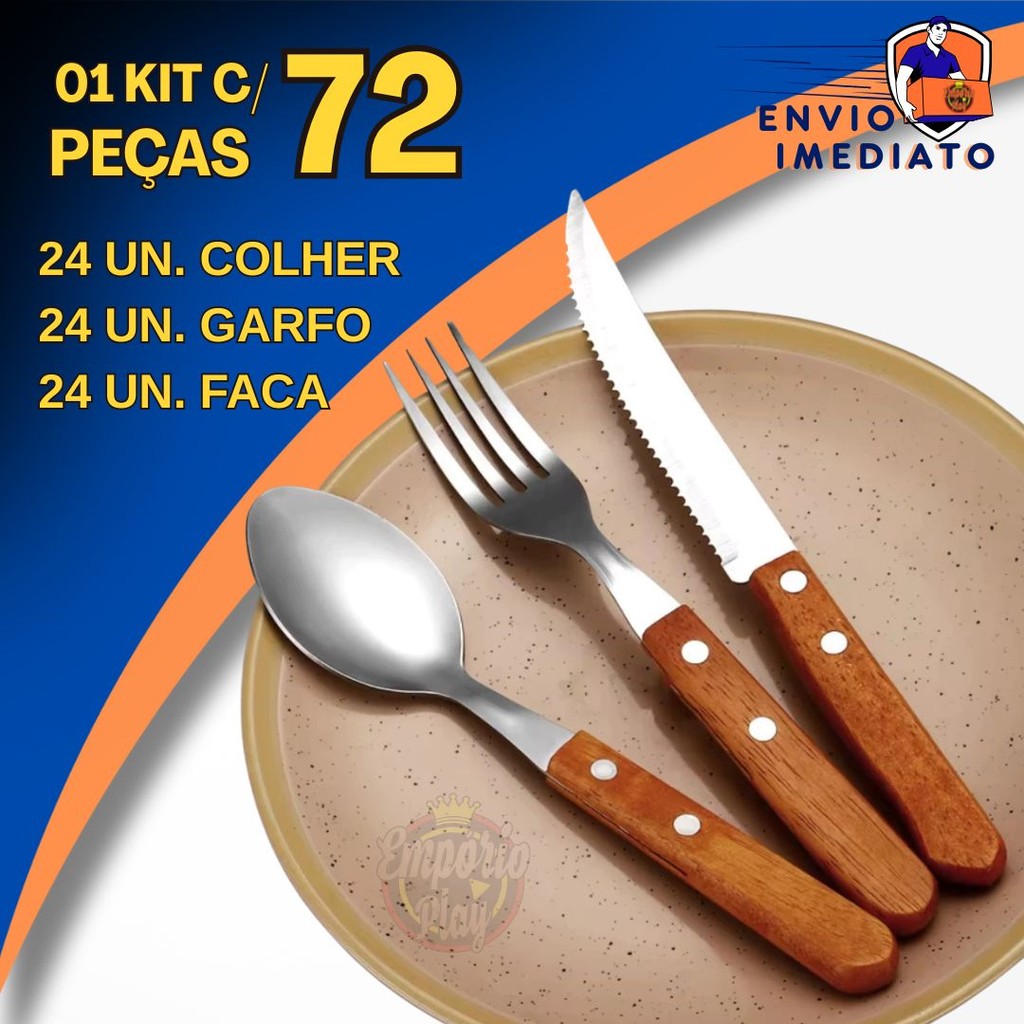 Kit 72 Peças Jogo de Talher 24 Colher 24 Garfo 24 Faca de Inox com Cabo de Madeira Faqueiro Conjunto