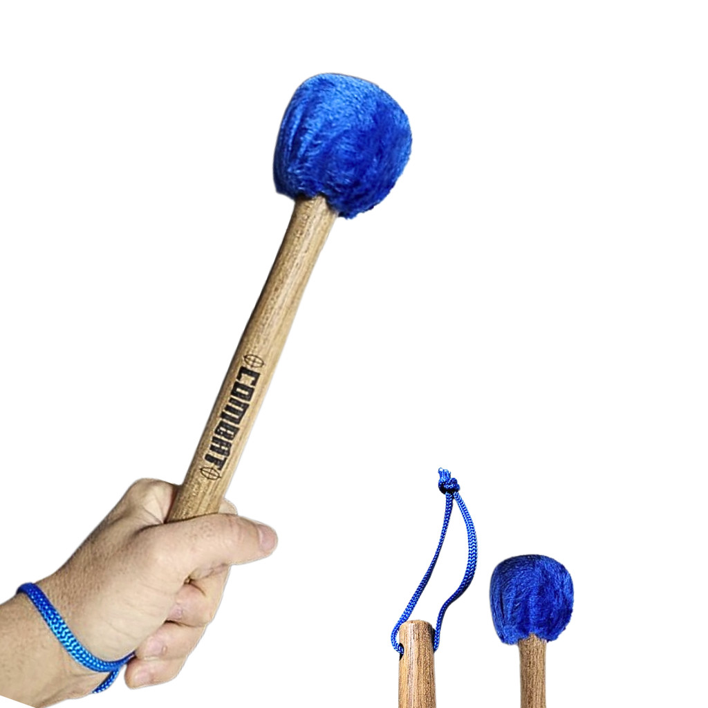 Baqueta Maçaneta Azul para Surdo Menor Bumbo Fanfarra Banda Marcial Cabo Madeira Ponta Pelúcia