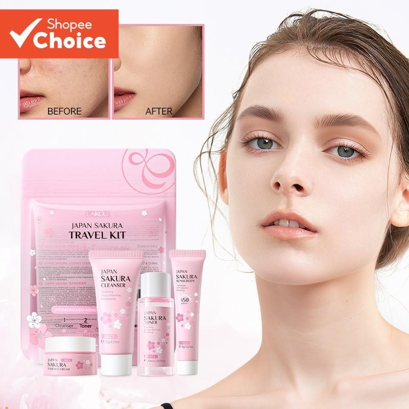 LAIKOU Japão Sakura Travel Skincare Set SKin Tone Reparador Hidratante 4 Unidades