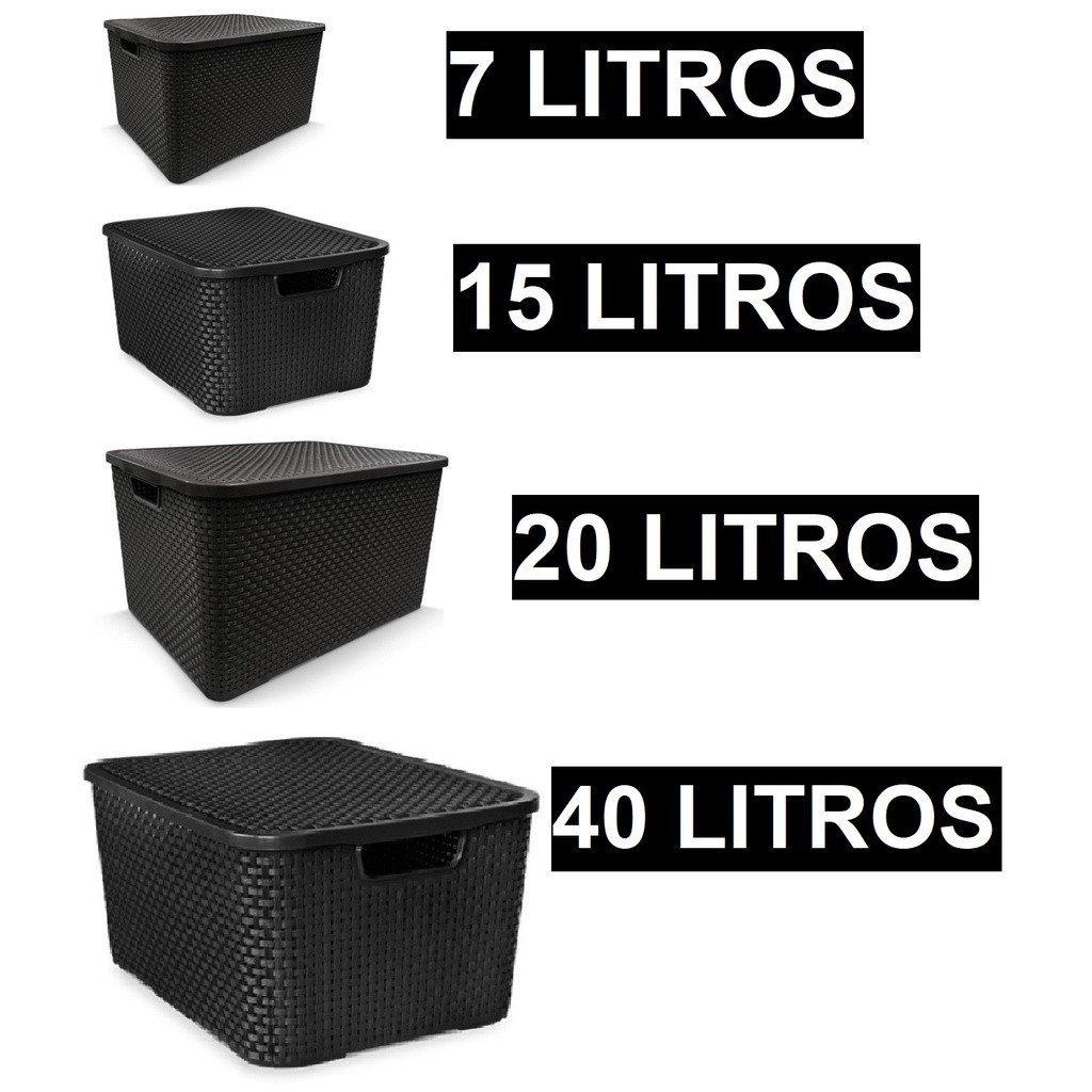 Caixa Organizadora Preta com Tampa Rattan 7 litros / 20 litro