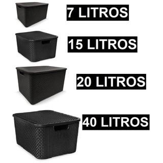 Caixa Organizadora Preta com Tampa Rattan 7 litros / 20 litro