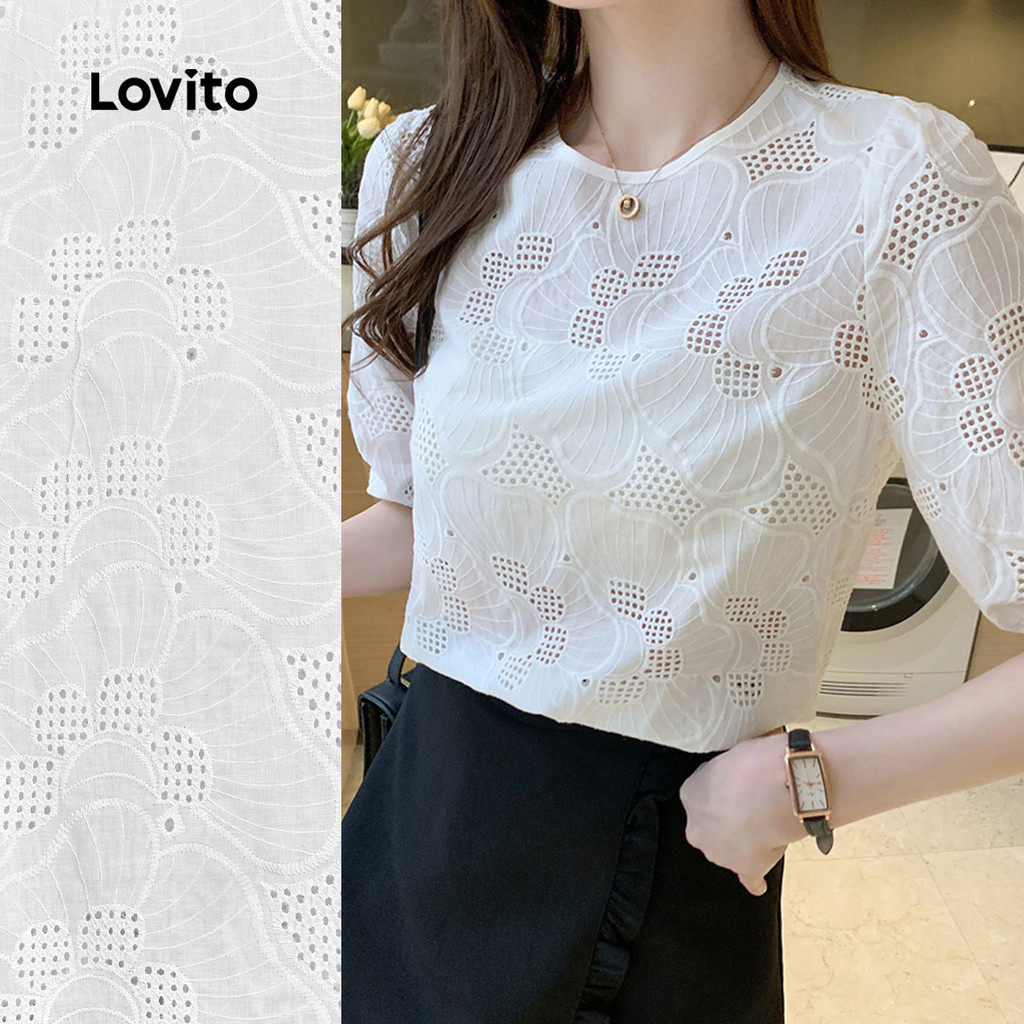 Lovito Blusa Casual Ilhó Bordado Lazer Estrutura Linha Primavera/Verão Blusa Branca Para Mulheres L135ED413 - Women Clothes