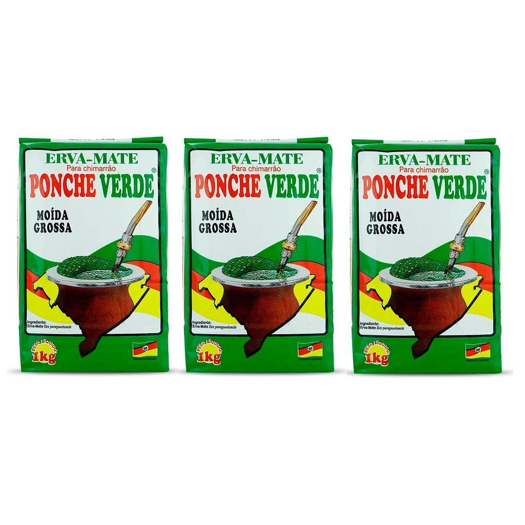 3 Erva Mate Chimarrão PONCHE VERDE MOÍDA GROSSA Gaúcho 1kg