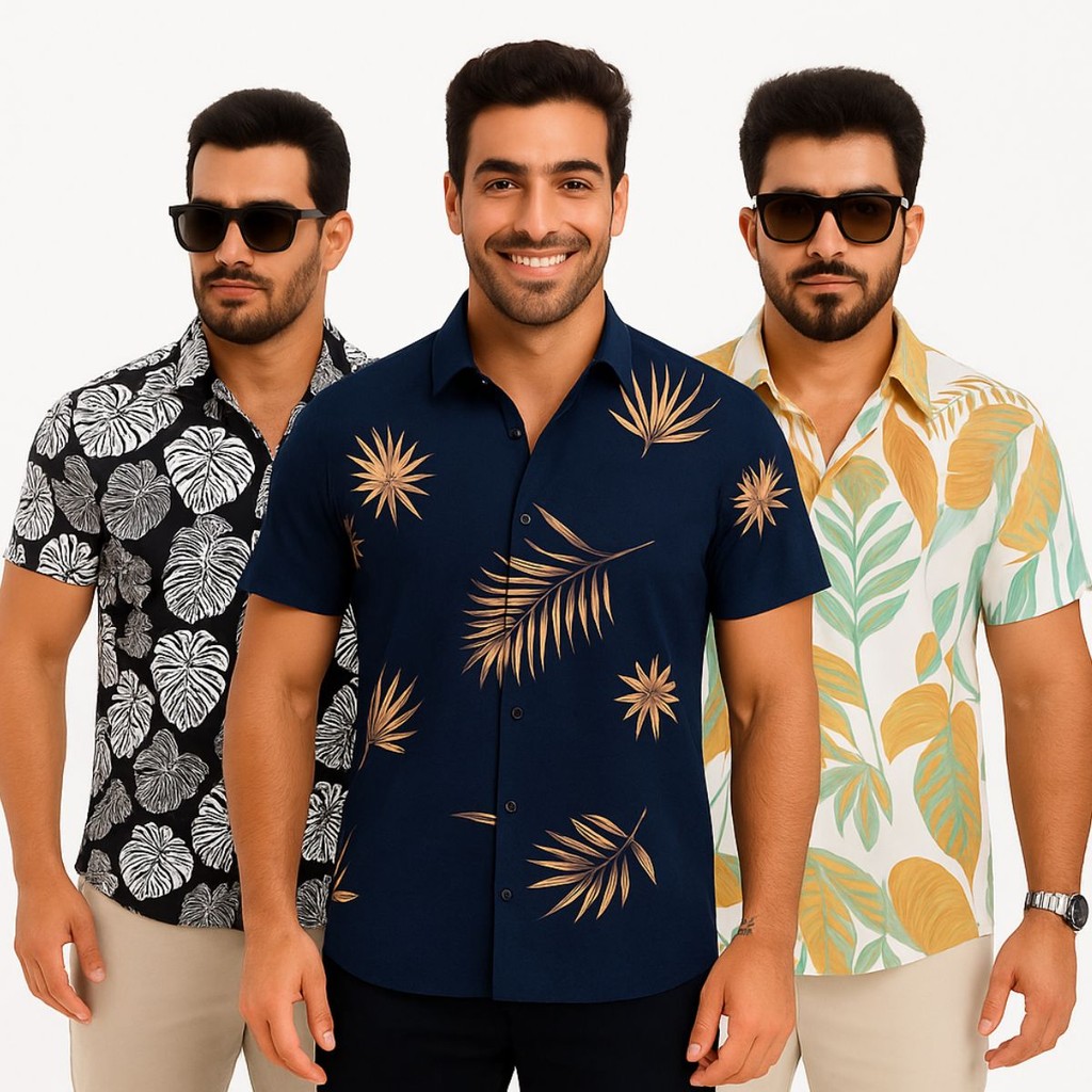 Kit 3 Camisas Social Masculina Estampadas Manga Curta Viscos em Oferta na Shopee