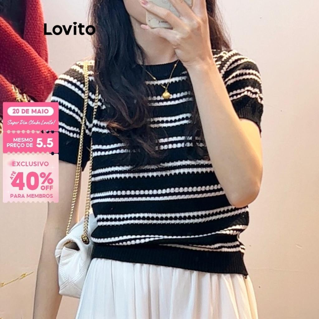 (Trendy) Lovito Top Casual Primavera/Verão Listrado Em Malha Com Gola Redonda Para Mulheres LNE13021 em Oferta na Shopee