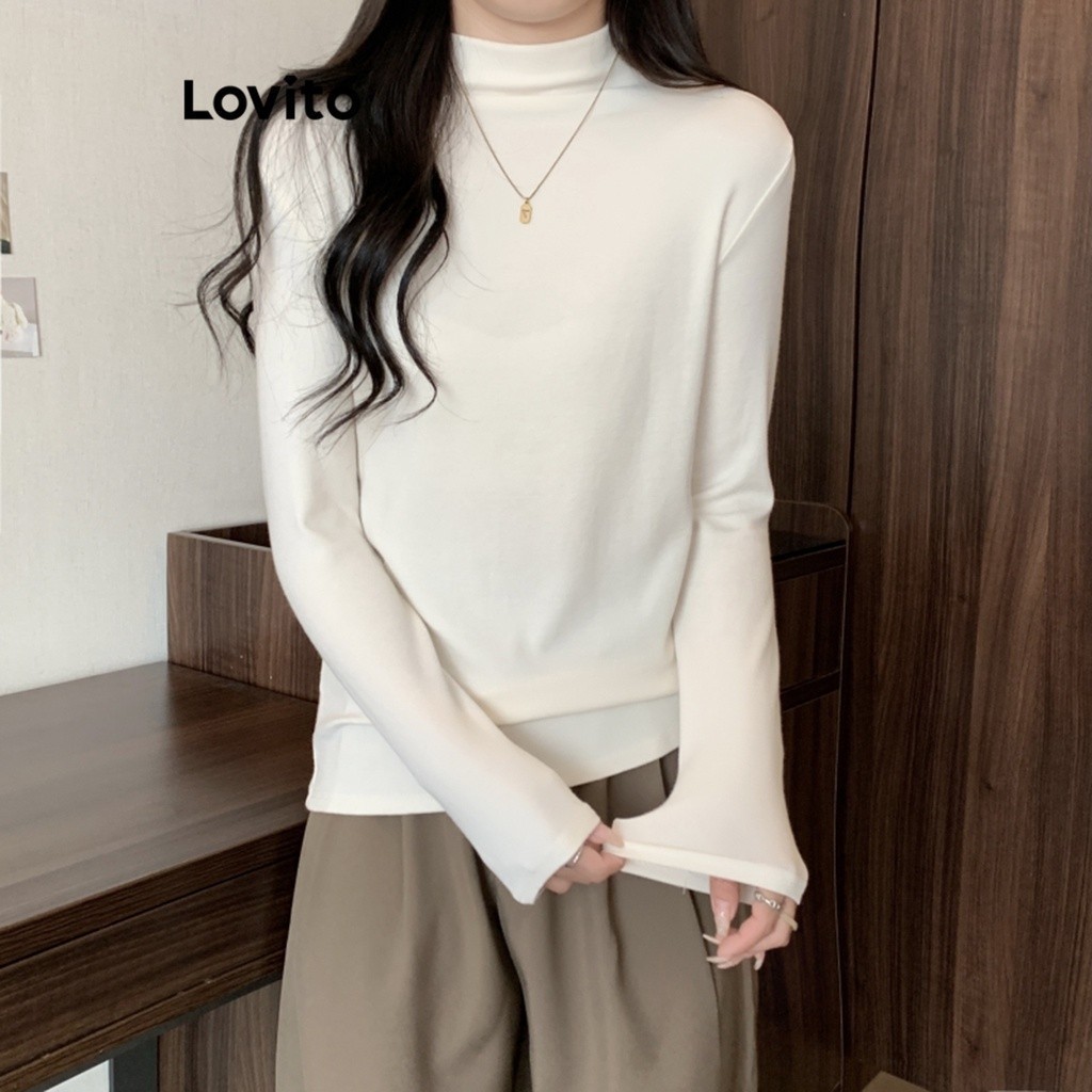 (Trendy) Lovito Camiseta Casual Lisa Com Gola Redonda Para Mulheres LNE34041 (Cáqui/Café/Cinza Claro/Branco/Preto) - Women Clothes
