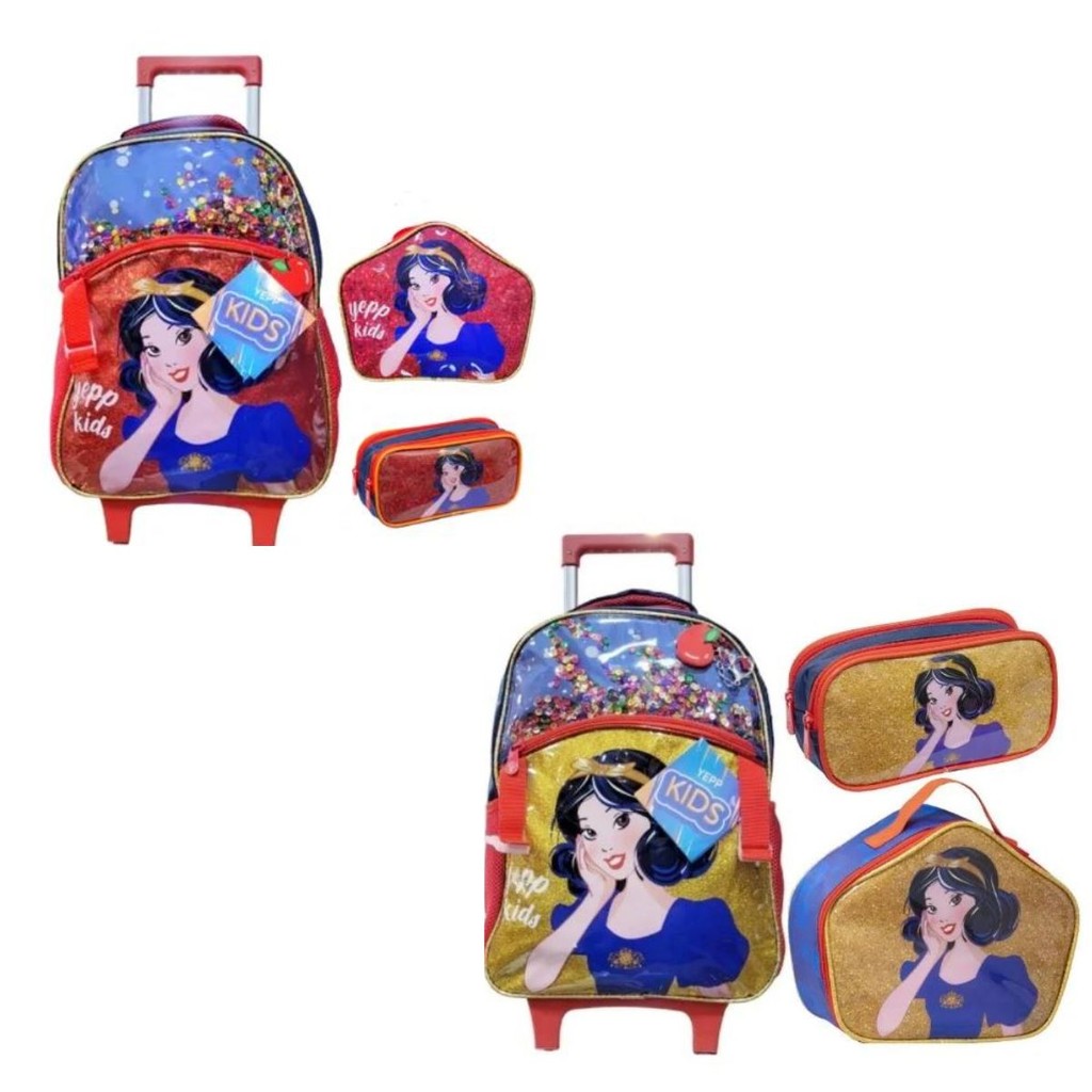 Kit Mochila Rodinhas Branca de Neve Lancheira e Estojo